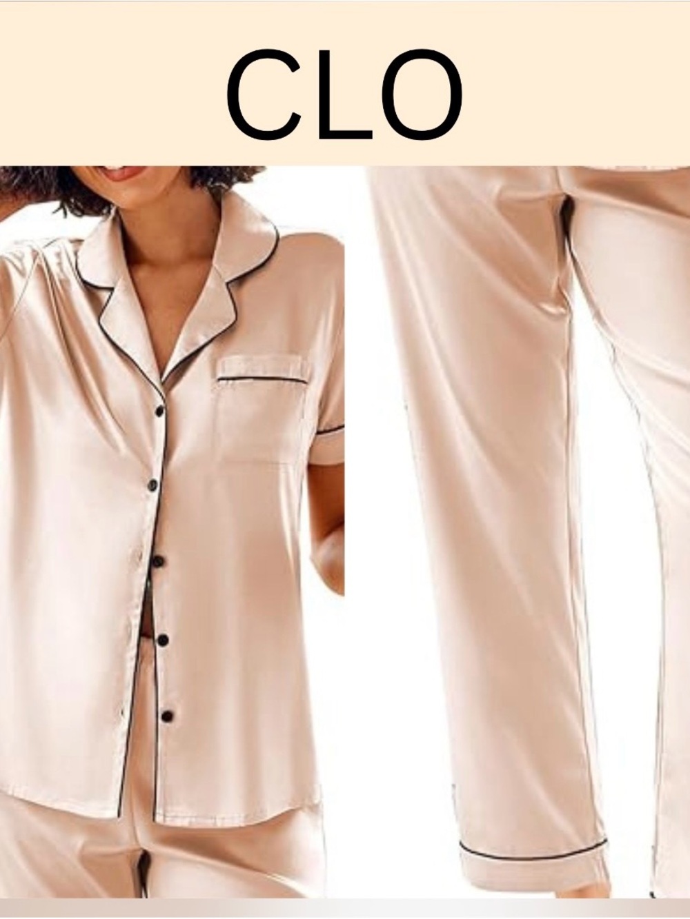 Amazon Women's Satin Short Sleeve Pajama Set in Blush with Black Piping